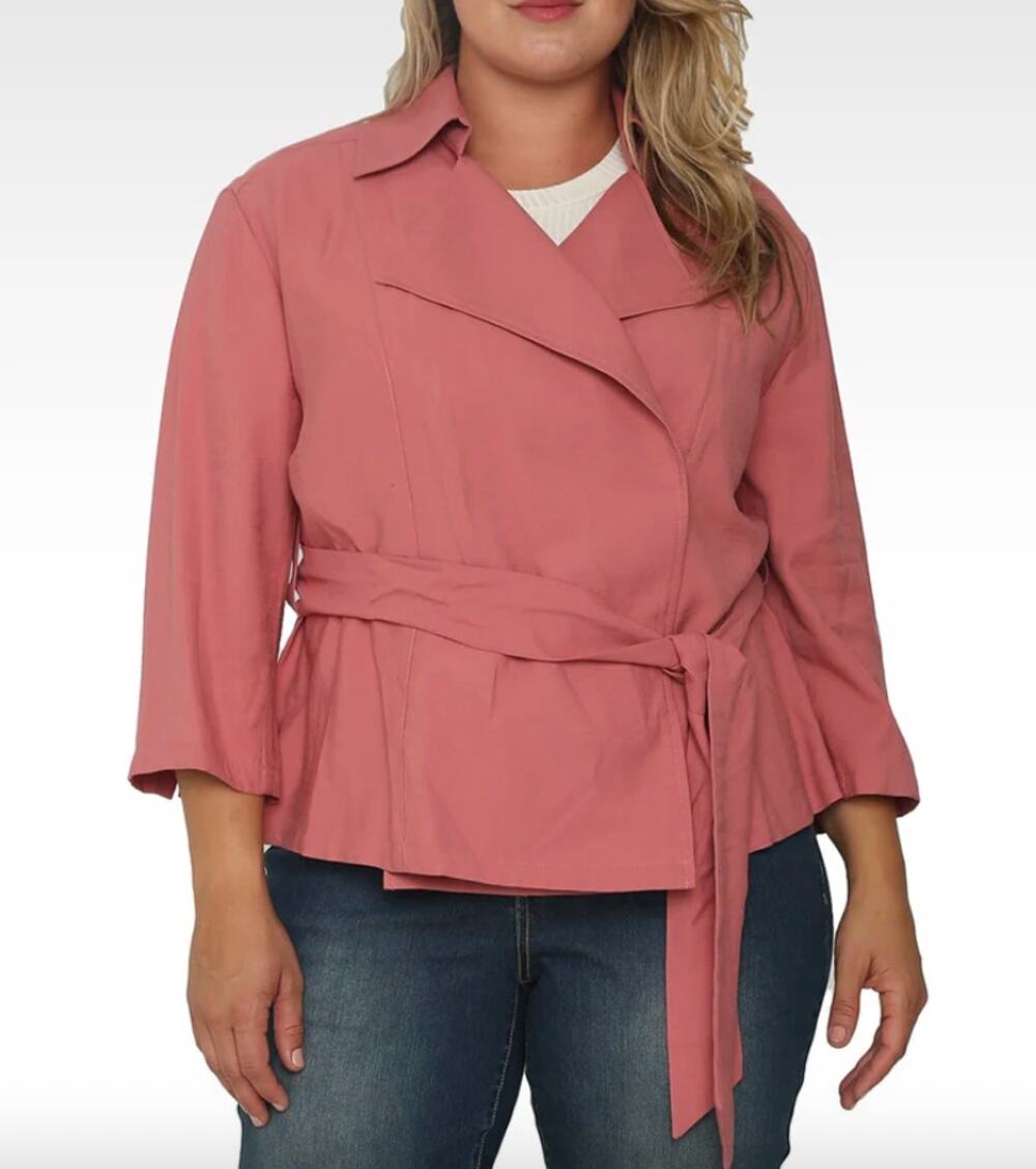 Standards & Practices Vanessa Cropped Quarter Sleeve Wrap Trench Jacket Pink 3X